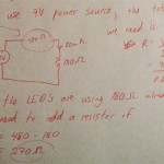 Spent last night around the table with my brother, the high school physics teacher, trying to figure out how one might calculate the resistors and type of battery that would be needed in a circuit powering 200 LEDs. I know there are some calculators online, as Mike had suggested earlier, but because I really don’t [...]