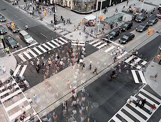 Pedestrian scramble time-lapse by Sam Javanrouh, from Spacing Magazine