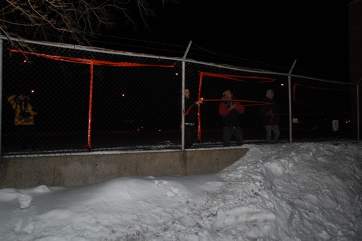 Test taking shape, flagging tape on a fence