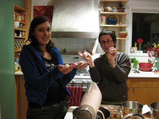 Michelle and Leesa try to warm the eggs up to room temperature