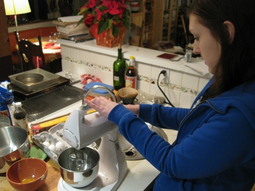 Michelle takes to mixing up the eggs, turning them into meringue 