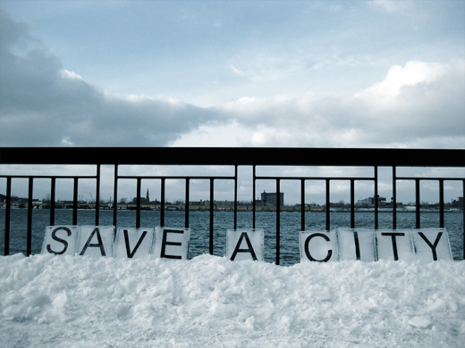 Save A City, Text on Ice by Broken City Lab, February 3, 2009