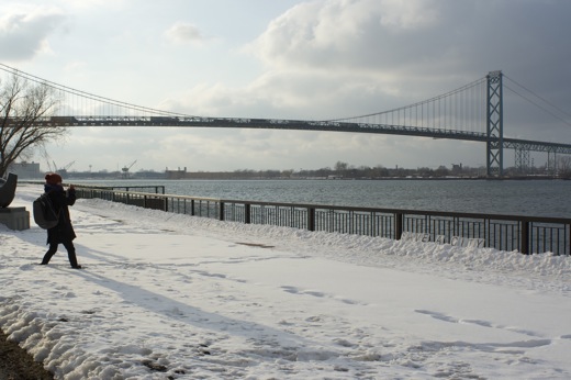 Danielle documenting the ice block at the river front