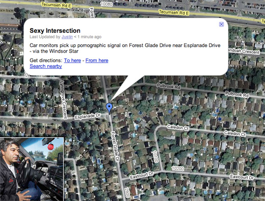 Apparently you can see porn on your rear-view video monitor when you drive past Forest Glade Drive near Esplanade Drive 